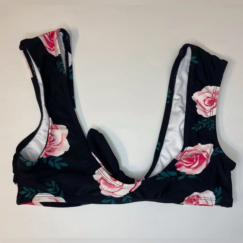 Cupshe Women's‎ Black Pink Floral Bralette Bikini Swimsuit Top Size S